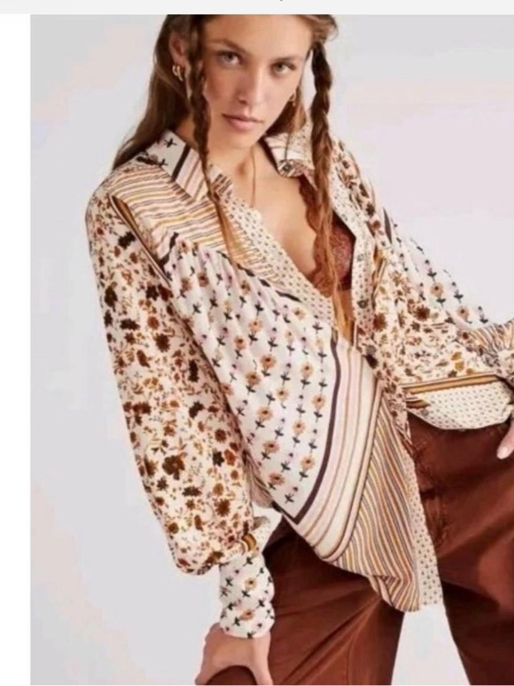 Boho Floral Patchwork Button-Down Blouse in Cream and Brown free people